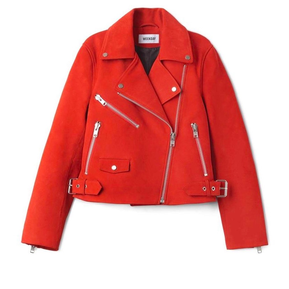 Weekday Red Leather Biker Jacket